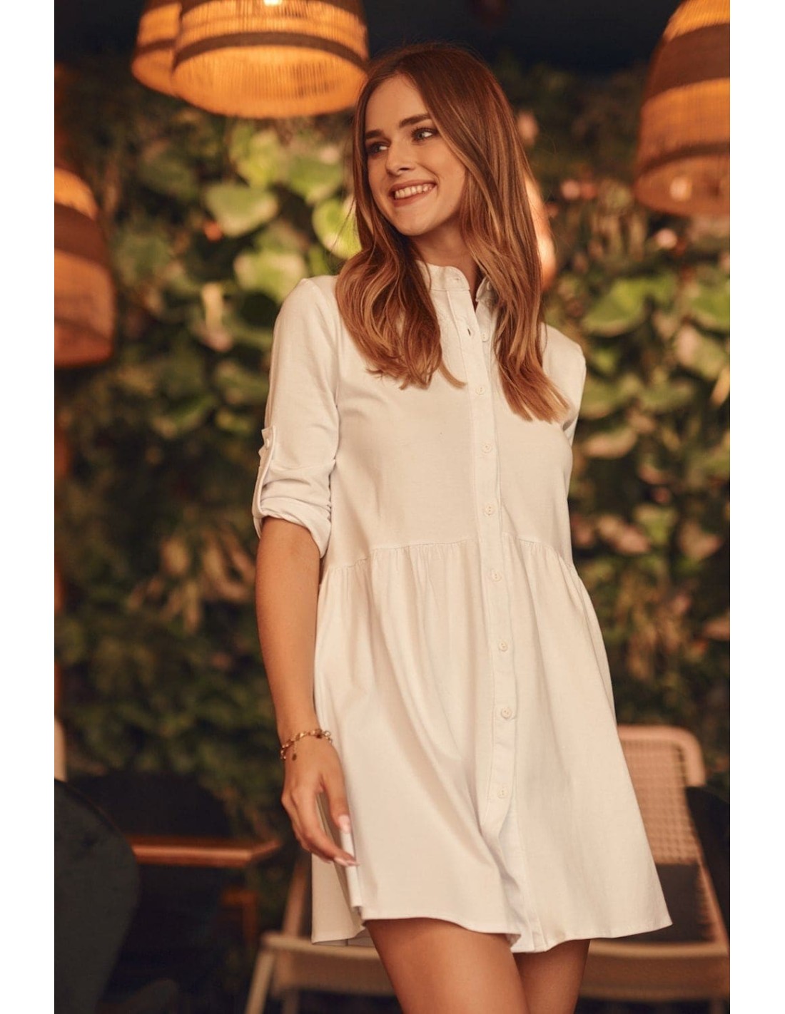 Button dress with adjustable sleeves, white FK600 - Online store - Boutique